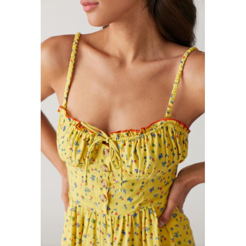 UO URBAN OUTFITTERS NWT Betti Print Yellow Linen Blend Romper // L - Picture 2 of 13